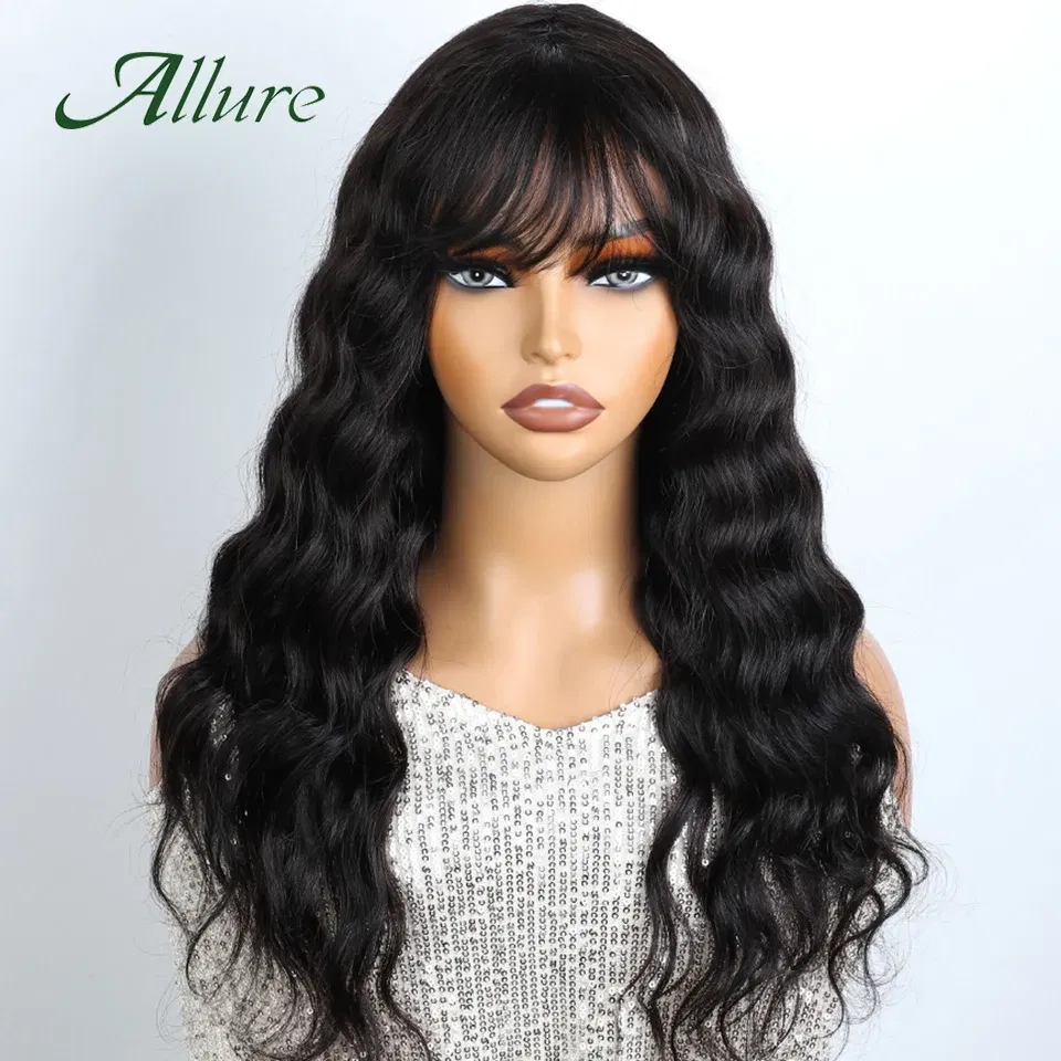Peruvian Human Hair Wig With Bangs 22 inch Body Wave Hair Wigs For Women Natural Black Colored Loose Wave Long Hair Wig Allure