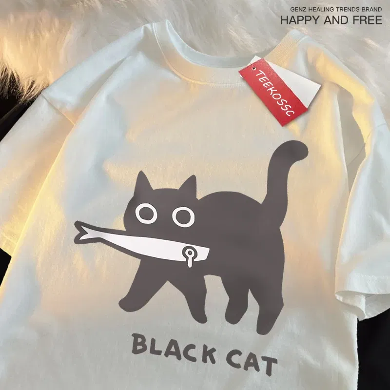 Color: WHITE, Size: XXL - Fun A Black Cat Eating Fish Japanese Style Men Women T-Shirt Fashion Print T Shirt Breathable Oversize T-Shirts Cotton Clothes