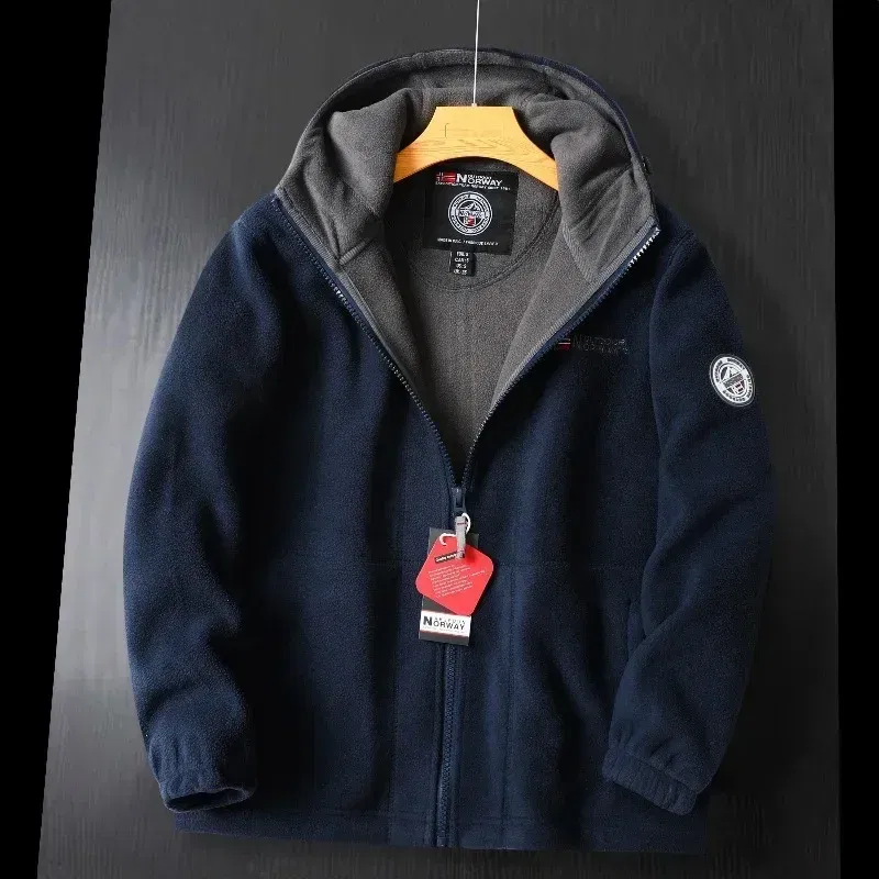Color: Navy Blue, Size: L - Winter Wool Jacket Men's High-end Embroidered Thickened Fleece Windproof Jacket Outdoor Snow Cold-proof Men's Warm Hooded Coat