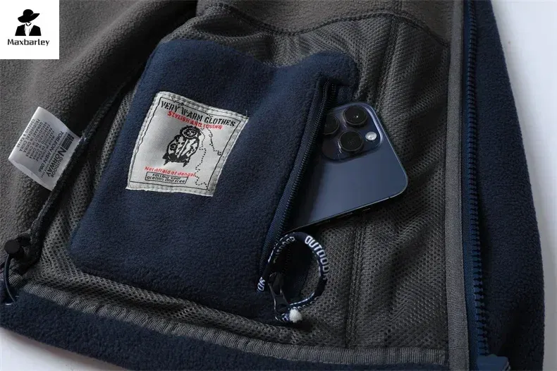 Color: Navy Blue, Size: L - Winter Wool Jacket Men's High-end Embroidered Thickened Fleece Windproof Jacket Outdoor Snow Cold-proof Men's Warm Hooded Coat