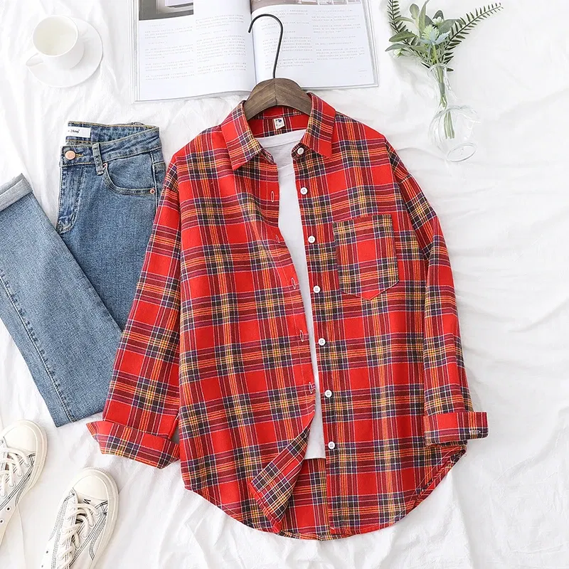 Color: Burgundy, Size: S - Fresh Flannel Plaid Shirt Women 2025 New Female Blouses and Tops Cotton Loose Long Sleeve Casual Shirts Fine Women's Clothes