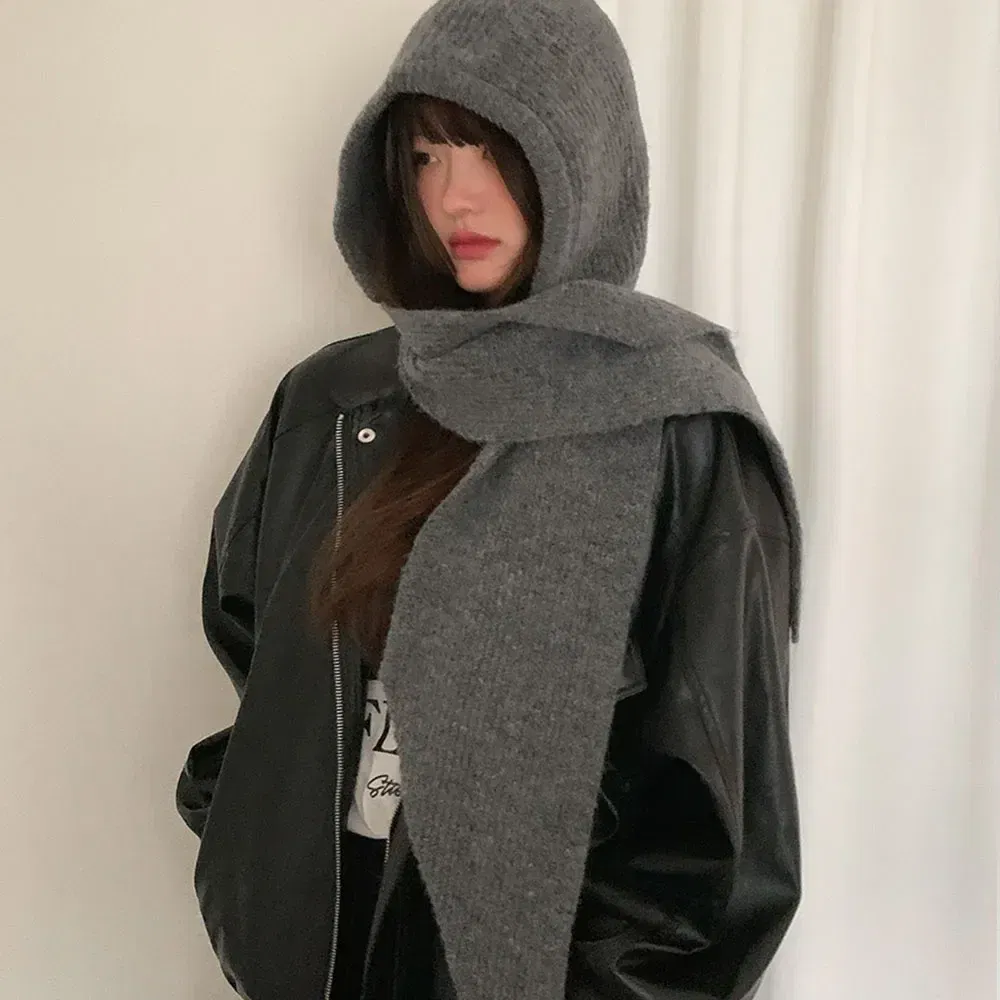 Color: black - Multicolor Balaclava women's autumn and winter warm wool hat scarf integrated hooded scarf knitted hat trendy