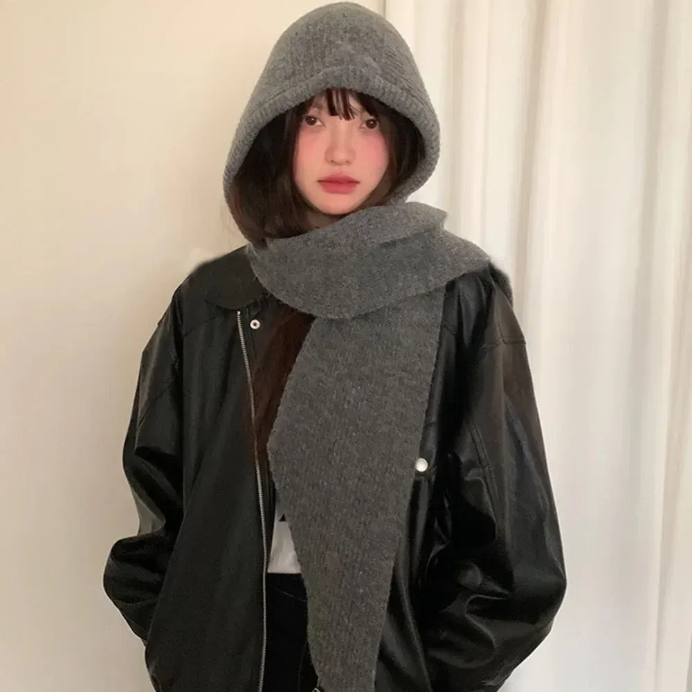 Color: black - Multicolor Balaclava women's autumn and winter warm wool hat scarf integrated hooded scarf knitted hat trendy