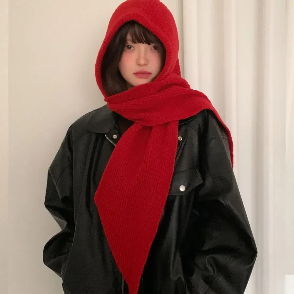 Color: black - Multicolor Balaclava women's autumn and winter warm wool hat scarf integrated hooded scarf knitted hat trendy