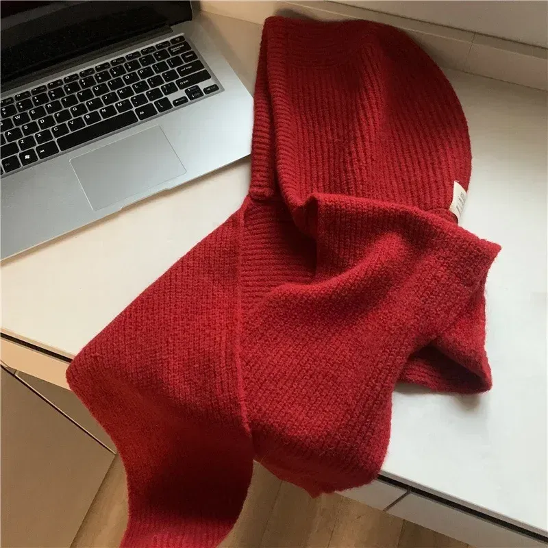 Color: black - Multicolor Balaclava women's autumn and winter warm wool hat scarf integrated hooded scarf knitted hat trendy