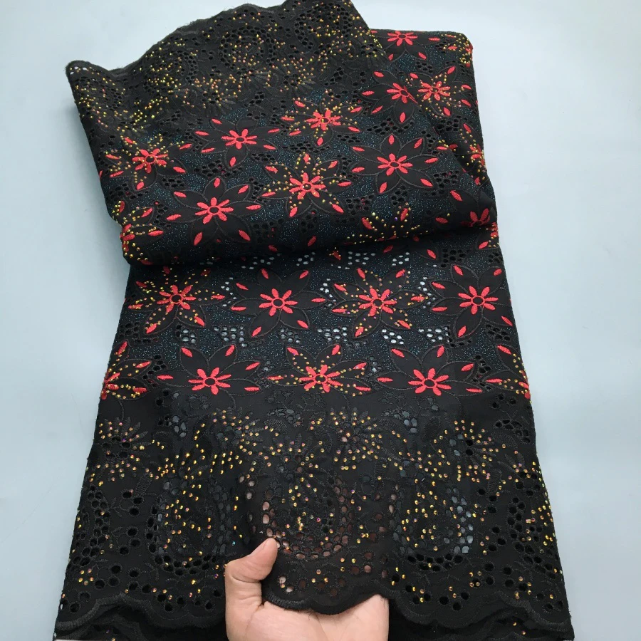 Color: WHITE, length: 5 yards, Width: 120cm - Black Swiss Lace Fabric High Quality 2025 Embroidered Rhinestones Nigerian Cotton Lace Fabric African Dress for Women Sew A4212