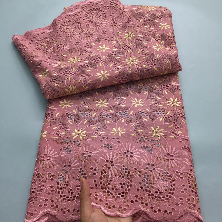 Color: WHITE, length: 5 yards, Width: 120cm - Black Swiss Lace Fabric High Quality 2025 Embroidered Rhinestones Nigerian Cotton Lace Fabric African Dress for Women Sew A4212
