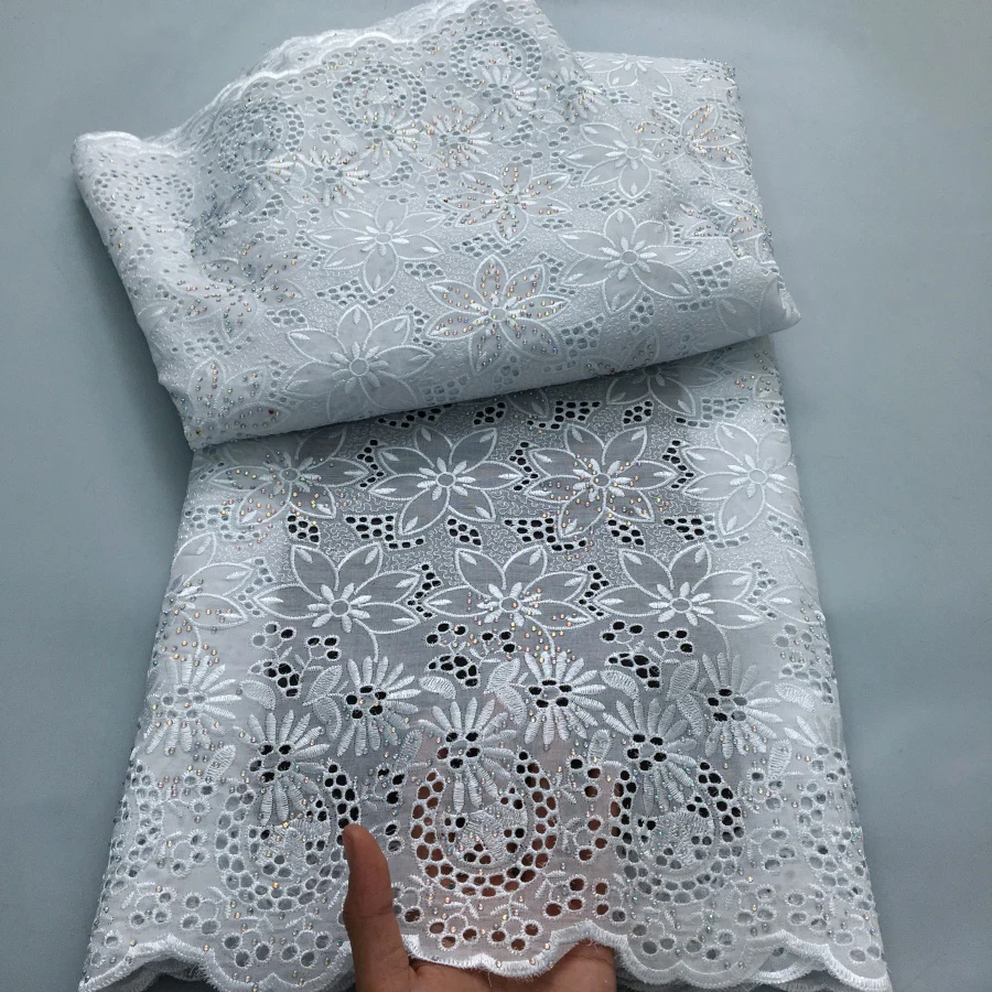 Color: WHITE, length: 5 yards, Width: 120cm - Black Swiss Lace Fabric High Quality 2025 Embroidered Rhinestones Nigerian Cotton Lace Fabric African Dress for Women Sew A4212