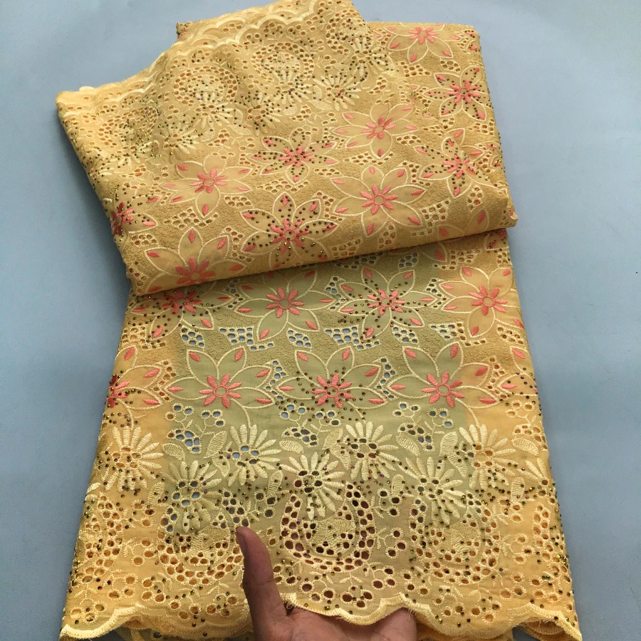 Color: WHITE, length: 5 yards, Width: 120cm - Black Swiss Lace Fabric High Quality 2025 Embroidered Rhinestones Nigerian Cotton Lace Fabric African Dress for Women Sew A4212