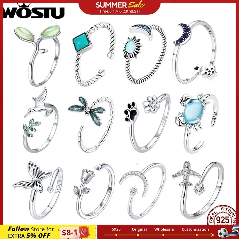 Gem Color: Dark Khaki, Ships From: CHINA - WOSTU Real 925 Sterling Silver Open Ring Finger Adjustable Size Wedding Rings For Women Engagement Fashion Silver Jewelry Gift