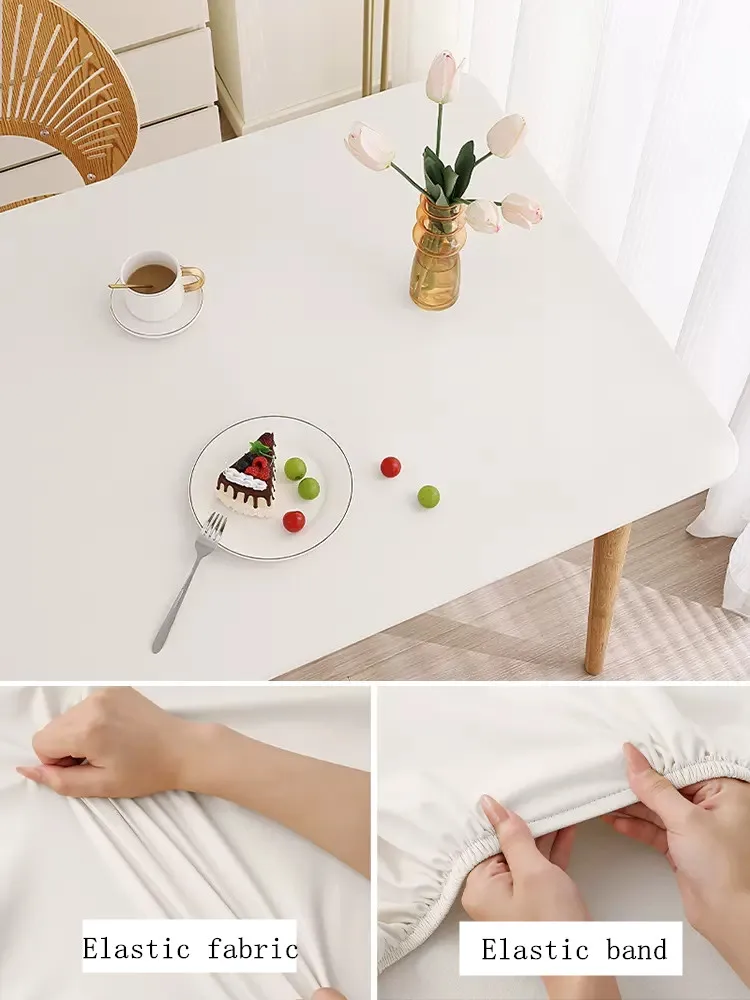 Color: Light Grey, Specification: 60*180cm - Solid color PU leather table cover fixable elastic tablecloth waterproof round square Table cloth custom table protector