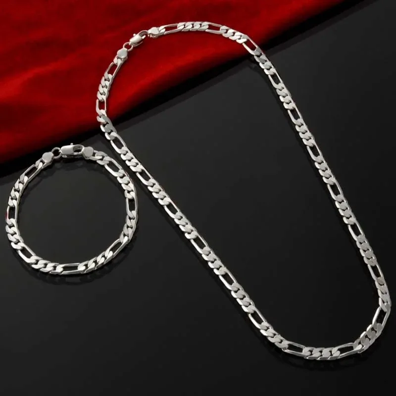 Gem Color: Green, Length: 40cm - 925 Sterling Silver 4MM 16-30 Inches Figaro Chain Bracelet Necklace For Man Woman Fashion Couple Christmas Gift Jewelry Set 2pcs