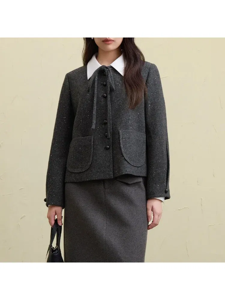 Color: GRAY, Size: XXL - DUSHU 27.7% Wool Women Grey Short Jackets Sequins Design Female Round Neck Front Shoulder Woolen Coats 24DS84647
