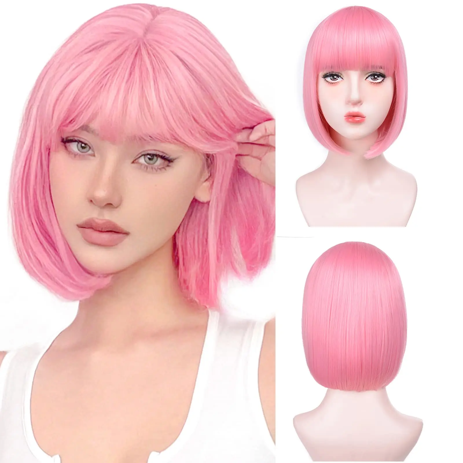 Color: T1B/33 - Blonde synthetic wig with straight bangs Ladies Cosplay wig High temperature silk wig set with big waves and long curly hair
