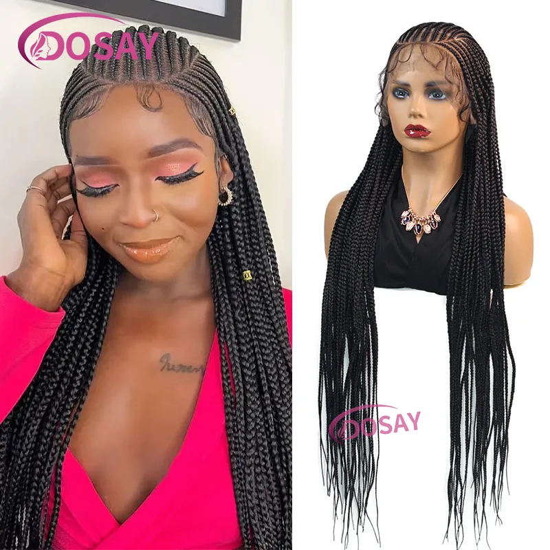 36" Synthetic Full Lace Wigs Braided Wig For Black Women Goddess Cornrow Braids Wig Crochet Faux Locs Knotless Box Braid Wig