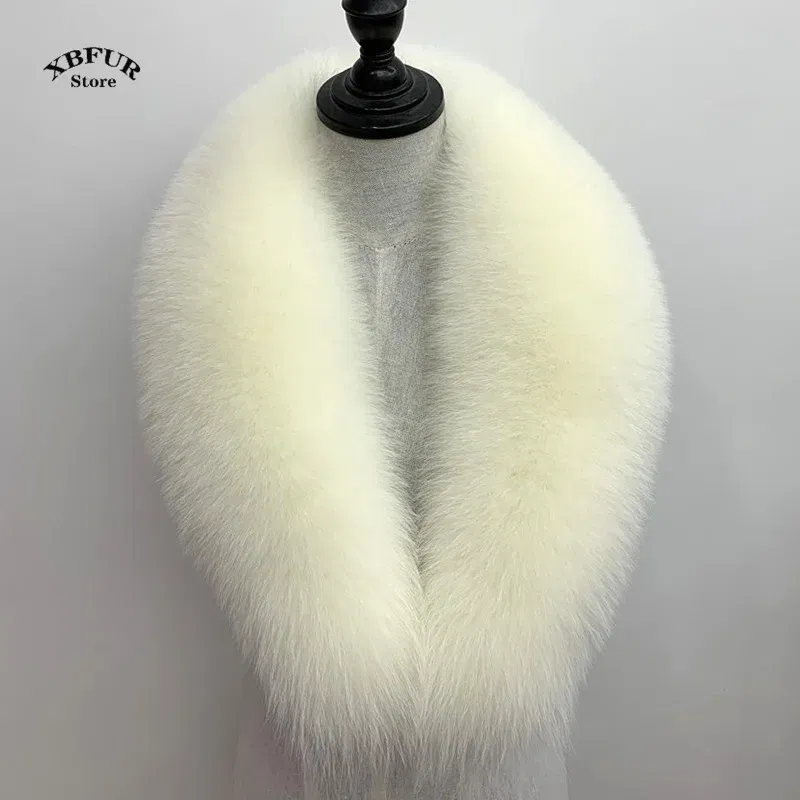 Color: WHITE, Size: M - Winter Real Fox Fur Collar Woman Black Natural Fur Scarf Shawl For Women Collars Wraps Neck Warmer Fur Scarves Luxery Scarf Men
