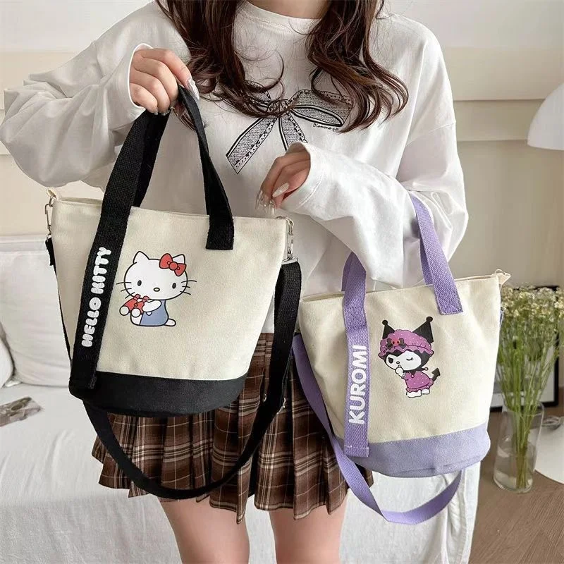 Color: Beige - Sanrio Hello Kitty Kuromi Canvas Shoulder Bag Kawaii Anime Print Lightweight Crossbody Purse for Girl