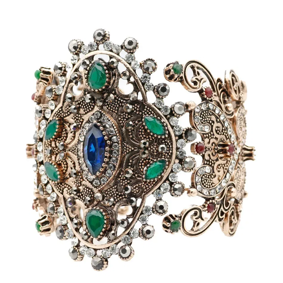 Metal Color: Antique Gold Plated, Diameter: 58-60mm - Sunspicems Charm Retro Indian Bangle Cuff Bracelet For Women Gold Color Turkish Big Bracelet Bride Wedding Jewelry Accessories