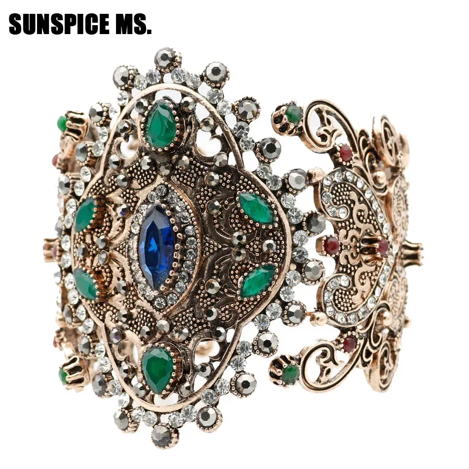 Metal Color: Antique Gold Plated, Diameter: 58-60mm - Sunspicems Charm Retro Indian Bangle Cuff Bracelet For Women Gold Color Turkish Big Bracelet Bride Wedding Jewelry Accessories