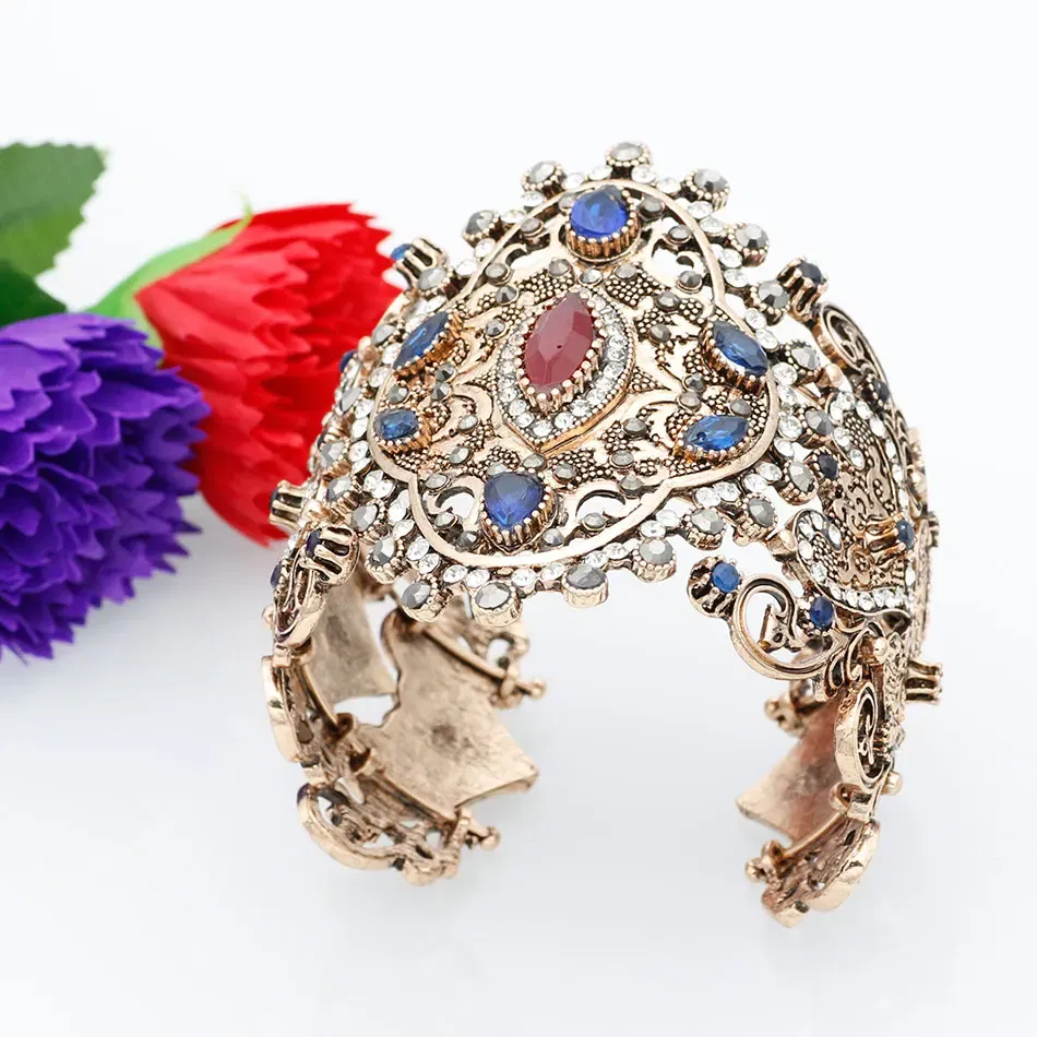 Metal Color: Antique Gold Plated, Diameter: 58-60mm - Sunspicems Charm Retro Indian Bangle Cuff Bracelet For Women Gold Color Turkish Big Bracelet Bride Wedding Jewelry Accessories