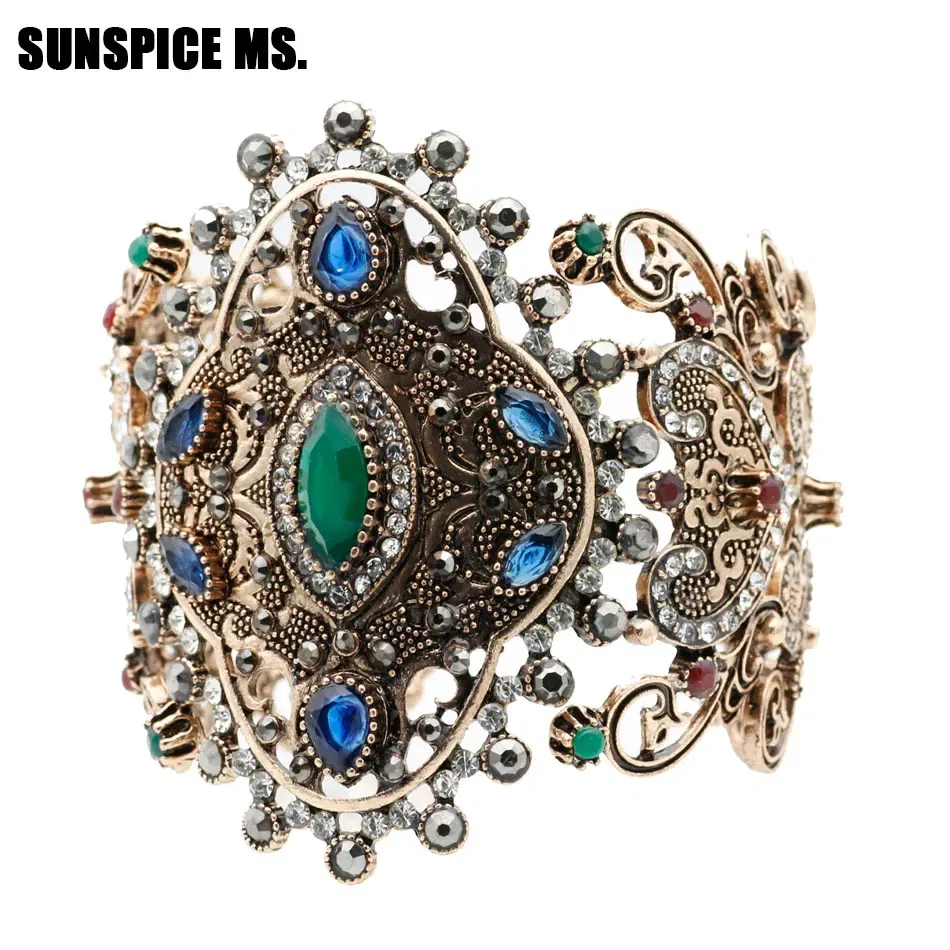 Metal Color: Antique Gold Plated, Diameter: 58-60mm - Sunspicems Charm Retro Indian Bangle Cuff Bracelet For Women Gold Color Turkish Big Bracelet Bride Wedding Jewelry Accessories