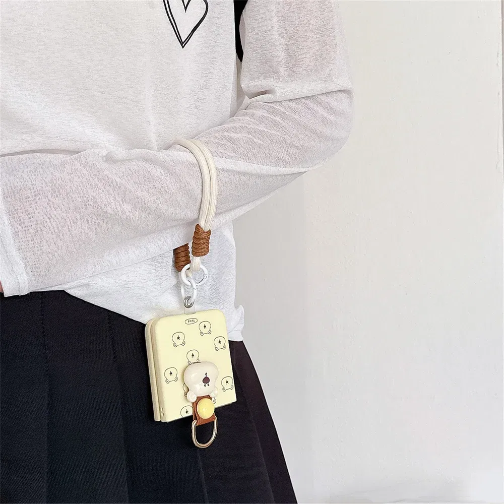 Color: Beige, Material: Denim - Cute 3D Bear Hand Strap Case for Samsung Galaxy Z Flip 6 5 4 3 Lanyard Ring Holder Shockproof Cover for Samsung Flip6 ZFlip5