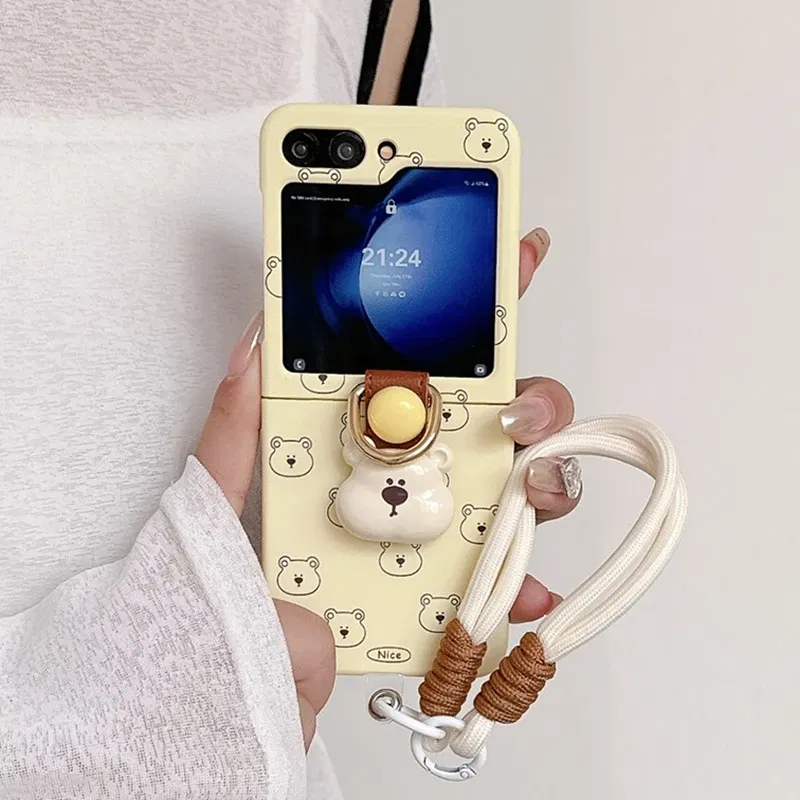 Color: Beige, Material: Denim - Cute 3D Bear Hand Strap Case for Samsung Galaxy Z Flip 6 5 4 3 Lanyard Ring Holder Shockproof Cover for Samsung Flip6 ZFlip5