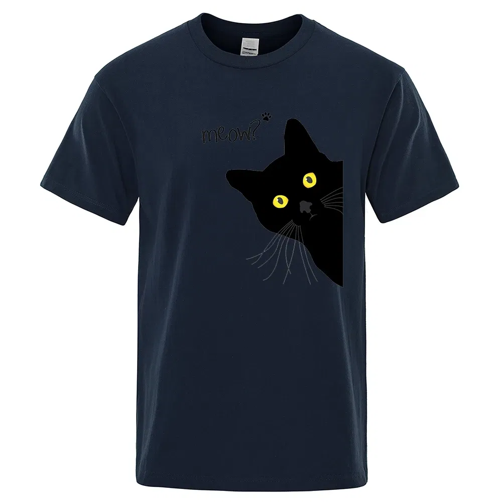 Color: SKY BLUE, Size: M - Meow Black Cat Funny Printing Men T-Shirts Breathable Tee Clothes Summer Streetwear Tops Oversized Loose Cotton Short Sleeve