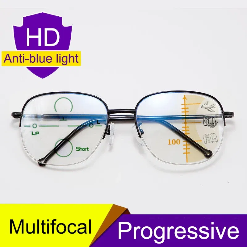 Frame Color: black, Eye Prescription: +300 - Smart zoom Multifocal Reading Glasses Men Women Progressive Anti Blue Ray UV Protect Hyperopia Glasses Half Frame Metal Titanium