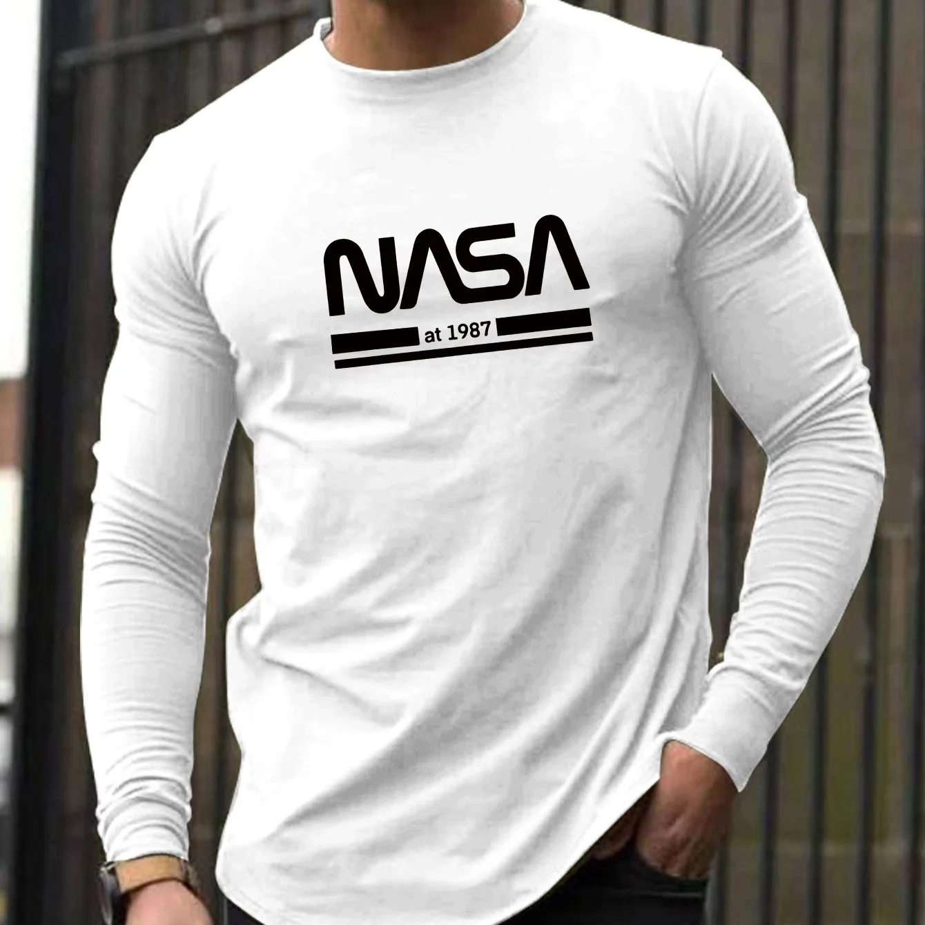 Color: GRAY, Size: L - Men's Spring and Autumn 100% Cotton Loose Comfortable Casual NASA Letter Printed Round Neck Long Sleeve T-shirt