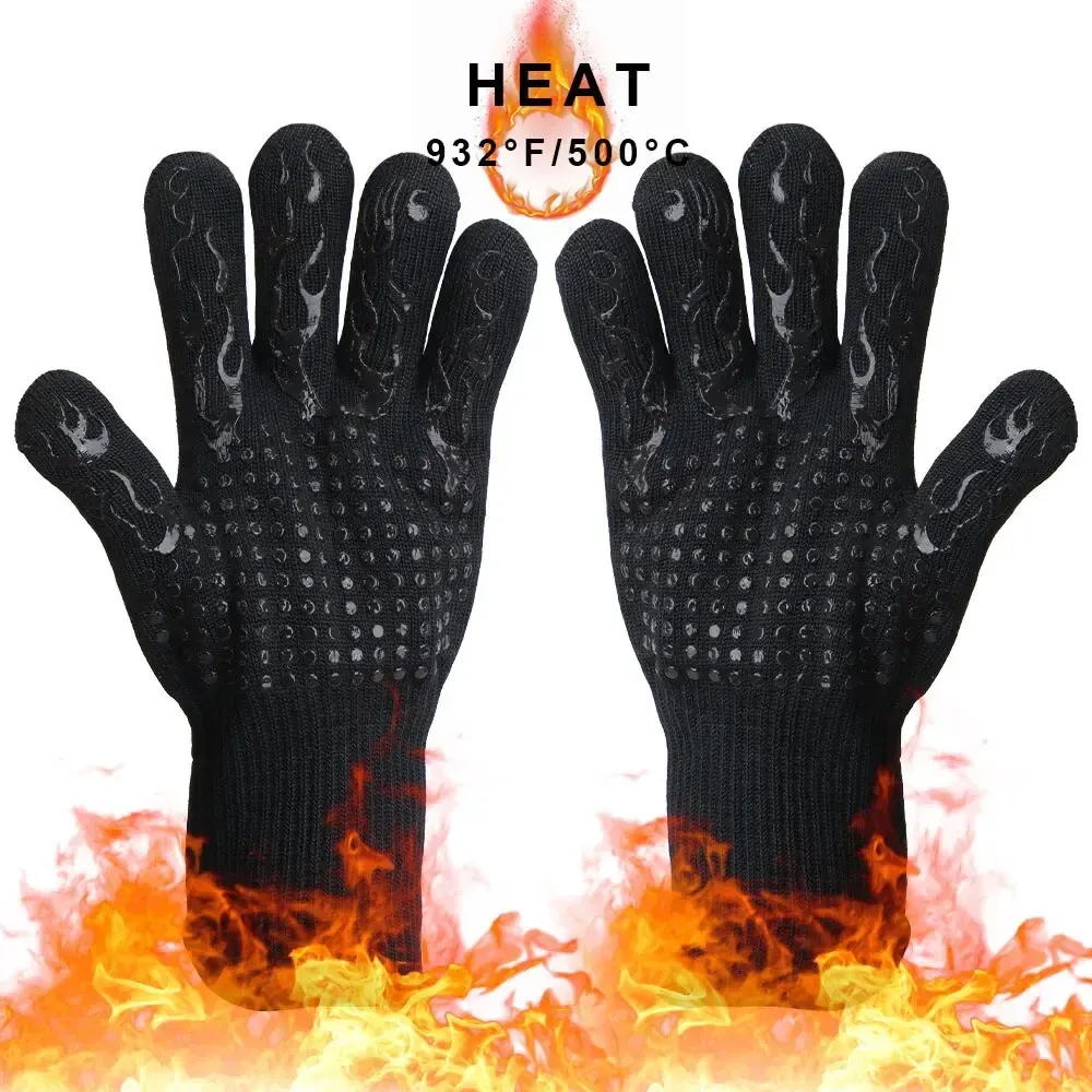 Color: black - 300-500 Centigrade BBQ Fire Gloves Flame Retardant Non-slip Fireproof Extreme Heat Resistant Microwave Oven Gloves Oven Mit