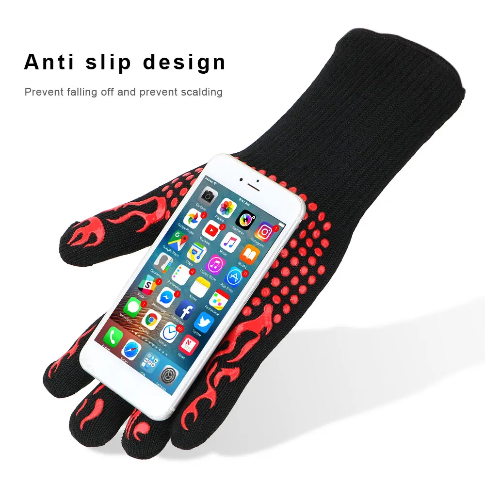 Color: black - 300-500 Centigrade BBQ Fire Gloves Flame Retardant Non-slip Fireproof Extreme Heat Resistant Microwave Oven Gloves Oven Mit