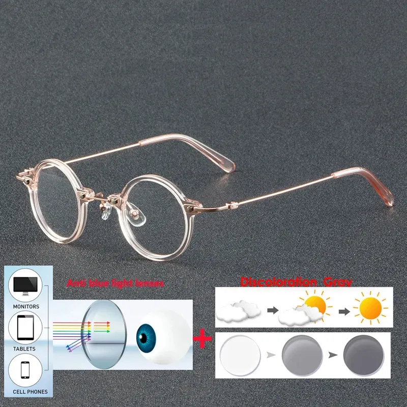 Frame Color: GRAY, Eye Prescription: +375 - VCKA Anti-blue Discolor Acetate+Titanium Myopia Glasses Frames Small Round Men Prescription Optical Women Eyewear -0.50 to -10.0
