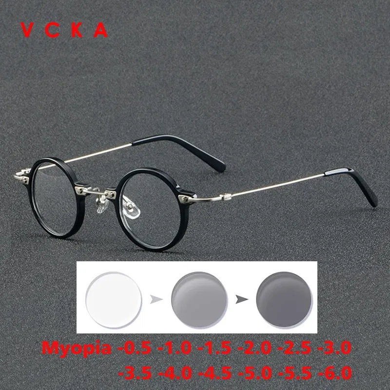 Frame Color: GRAY, Eye Prescription: +375 - VCKA Anti-blue Discolor Acetate+Titanium Myopia Glasses Frames Small Round Men Prescription Optical Women Eyewear -0.50 to -10.0