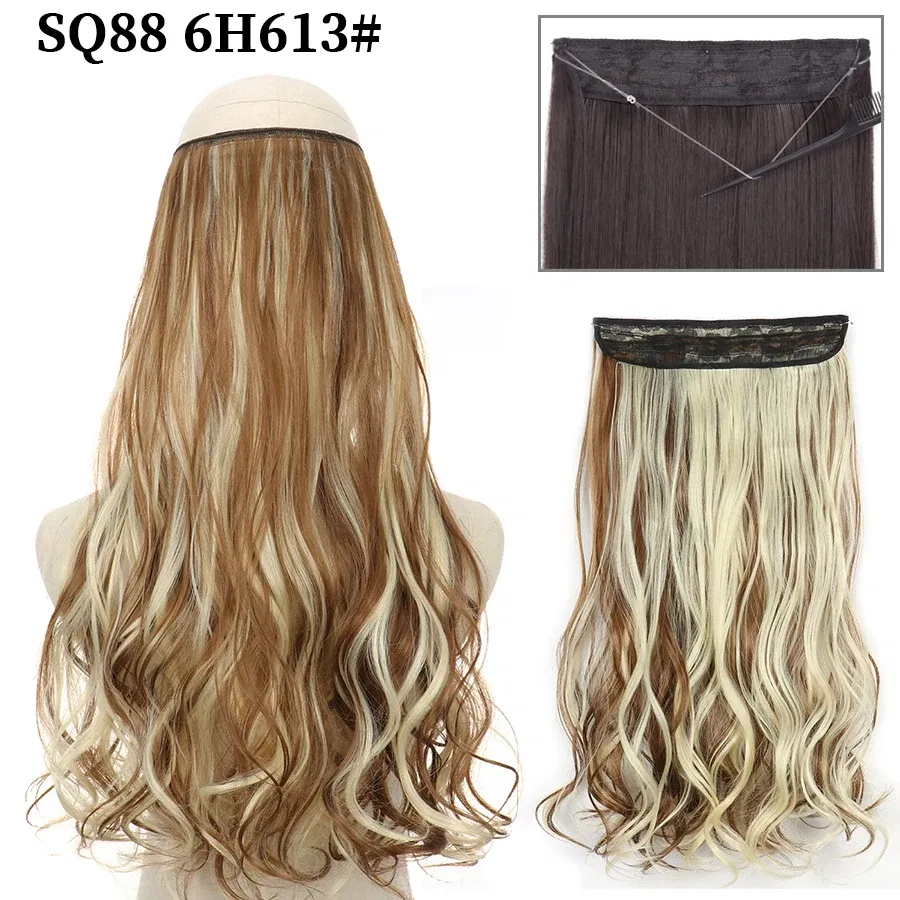Color: 4/27HL, Stretched Length: 16inches, Ships From: CHINA - Synthetic Natural Wavy No Clip Fish Line Invisible Hair Extensions Mixed Color Blonde Black Artificial False Hair Piece ForWomen
