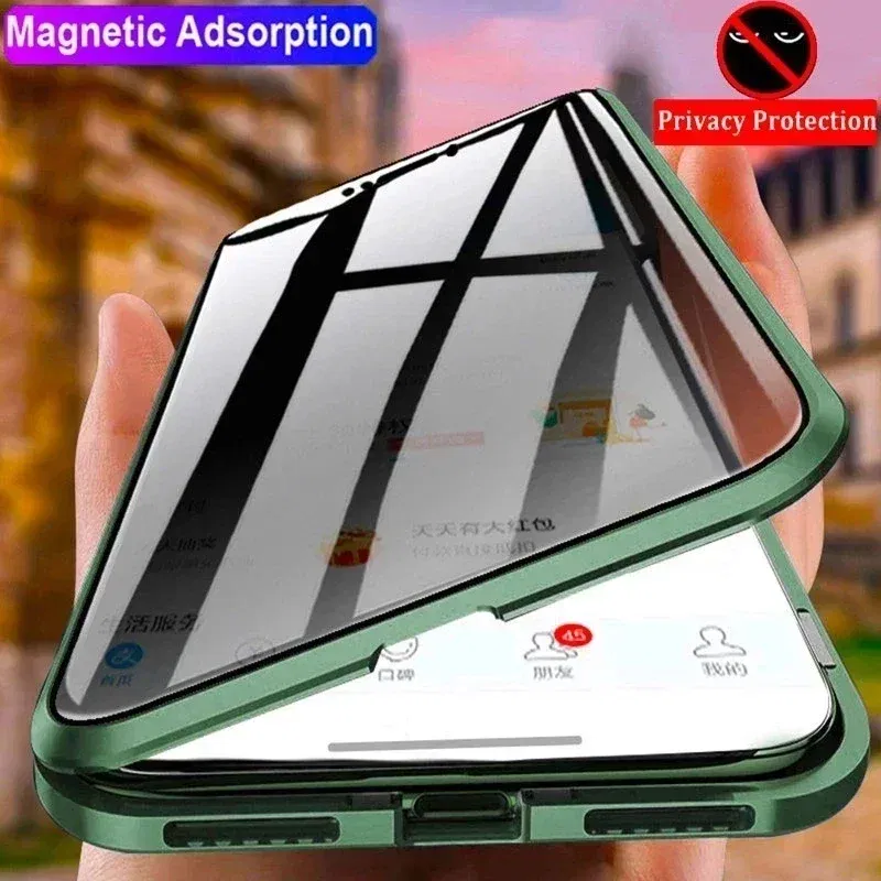Color: Beige, Material: Microfiber - Double-Sided Privacy Magnetic Case For iPhone 16 12 13 14 15 11 Pro Max 14 Plus 16 Plus Anti Peeping Full Cover Metal Frame Case