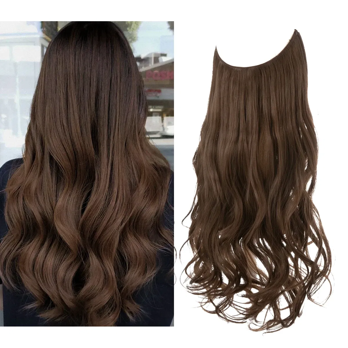 Color: #144, Stretched Length: 22INCHES - Synthetic No Clip Wave Hair Extensions Ombre Natural Black Blonde Pink One Piece False Hairpiece Fish Line Fake Hair Piece