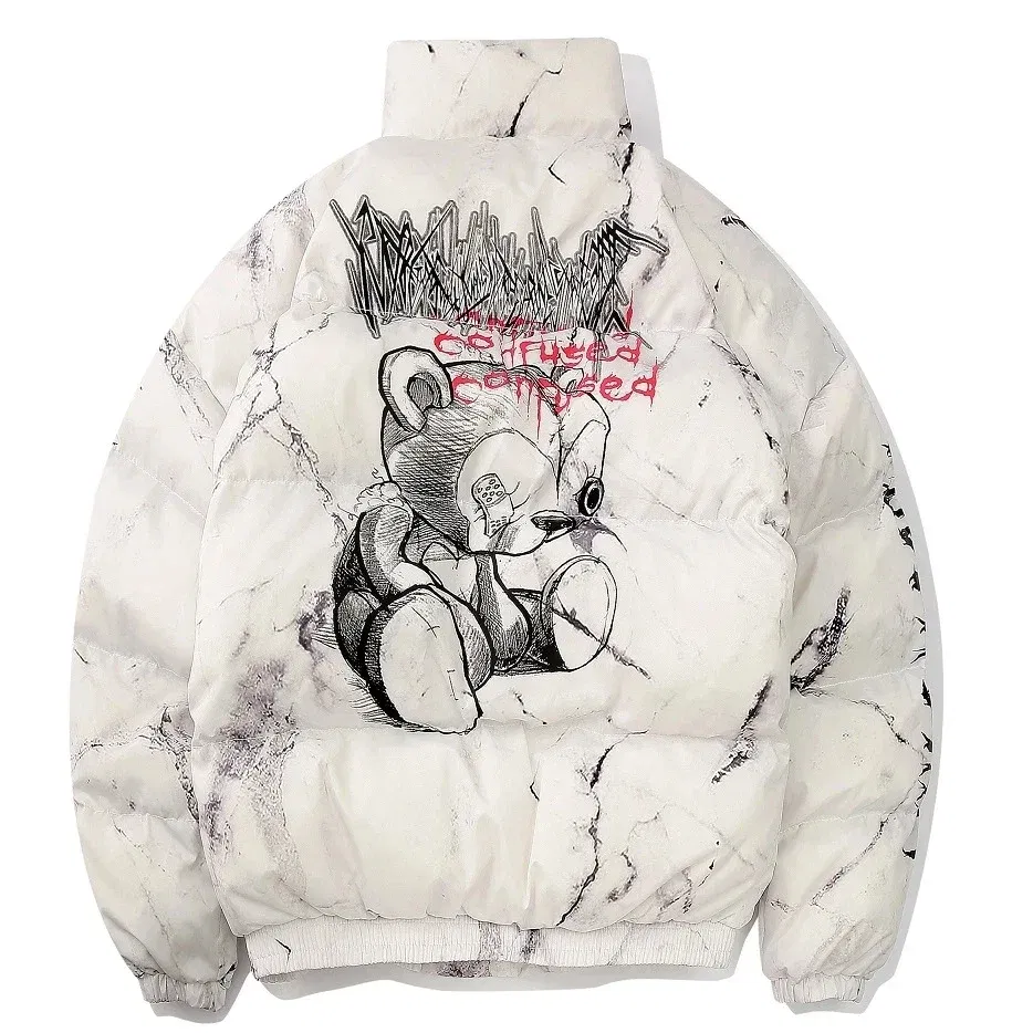 Color: WHITE, Size: L - Winter Down Jacket Coat Men Cartoon Bear Print Parka Fashion Streetwear Casual Loose Thick Warm Padded Oversized Jackets Outwear