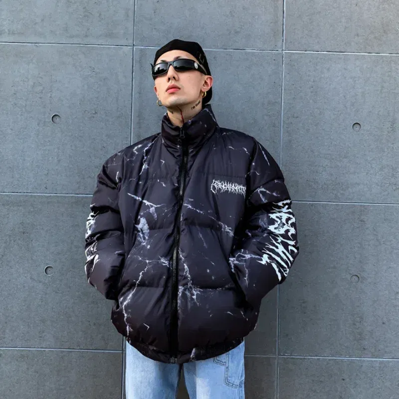 Color: WHITE, Size: L - Winter Down Jacket Coat Men Cartoon Bear Print Parka Fashion Streetwear Casual Loose Thick Warm Padded Oversized Jackets Outwear