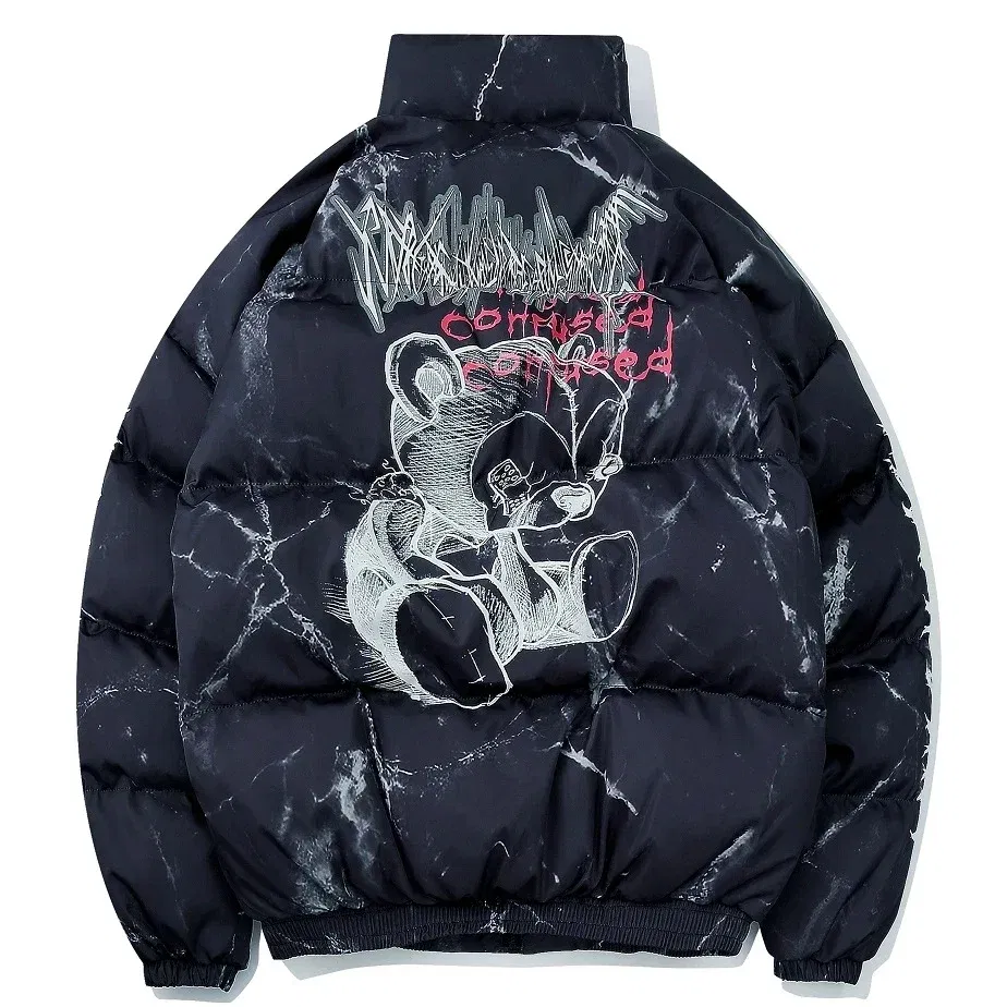 Color: WHITE, Size: L - Winter Down Jacket Coat Men Cartoon Bear Print Parka Fashion Streetwear Casual Loose Thick Warm Padded Oversized Jackets Outwear