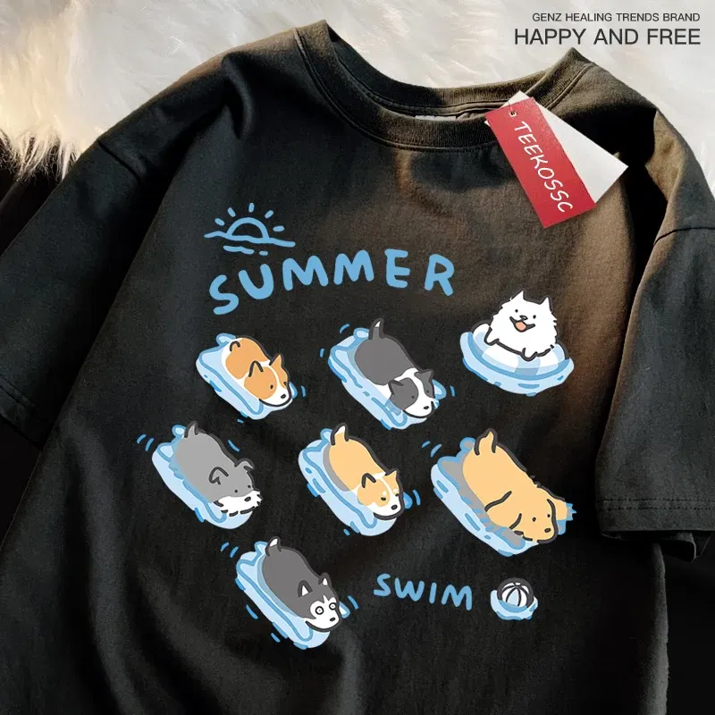 Color: Dark Grey, Size: XXL - Fun Cat And Dog Swimming Japanese Style T-Shirt Female Casual Loose T-Shirts Summer Cotton Tops Fashion Breathable Tee Clothing