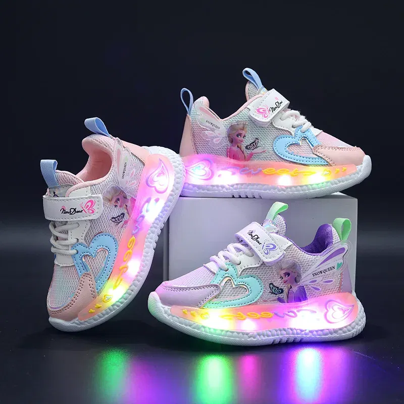Color: PURPLE, Shoe Size: 23 - Disney Children Led Shoes Kids Girls Sneakers Frozen Elsa Princess Lighting Shoes Pink Purple Casual Sports Shoes Size 21-31