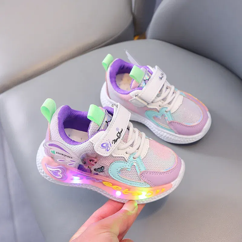 Color: PURPLE, Shoe Size: 23 - Disney Children Led Shoes Kids Girls Sneakers Frozen Elsa Princess Lighting Shoes Pink Purple Casual Sports Shoes Size 21-31