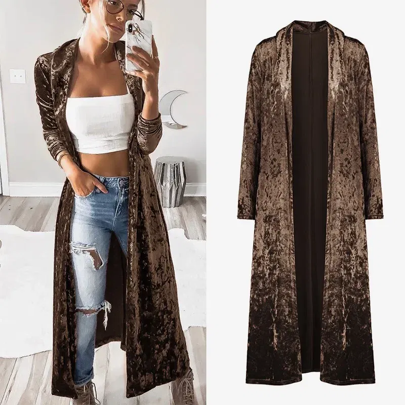 Color: Beige, Size: M - 2024 Long Velvet Kimono Cardigan Windbreaker Women Jacket Pure Color Fashion Long Sleeve Casual Ladies Long Jacket Trench Coat