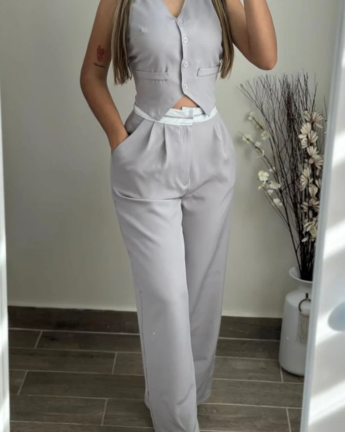 Color: Blue, Size: L - New Women's Two-Piece 2024 Summer Casual Sexy Elegant V-Neck Twist Button Tank Top and Pocket Design Pants Set Women's Set