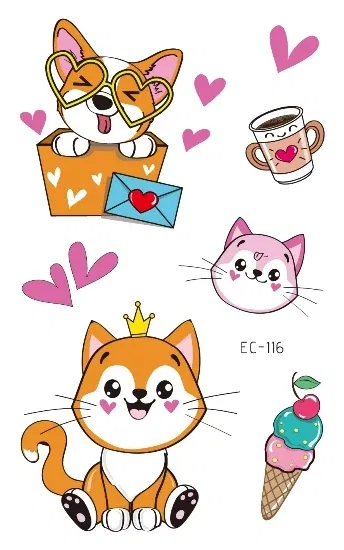 Color: Brown - Cartoon Animal Waterproof Temporary Tattoo Cute Pet Cats and Dogs Tattoo Stickers Children Boy Girl Fake Body Art Flash Tatoo
