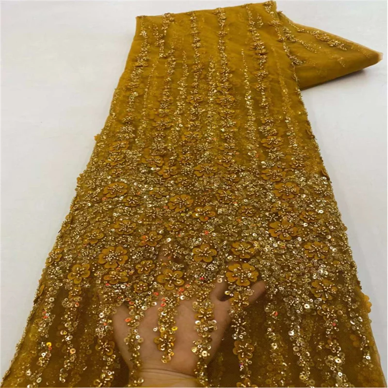 Color: Light Cyan, Length: 5 yards, Width: 120cm - White African Beads Groom Tulle lace Fabric 2025 High Quality Sequins Embroidery French Tulle Laces For Nigeiran Party Dress