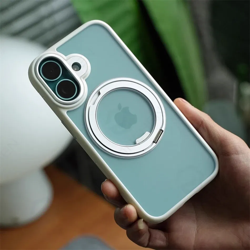 Color: Beige, Material: TPU - 360?° Rotation Ring Stand Magnetic Case For iPhone 13 14 15 16 17 Pro Max 16E Matte Military Shockproof Armor Cover For Magsafe