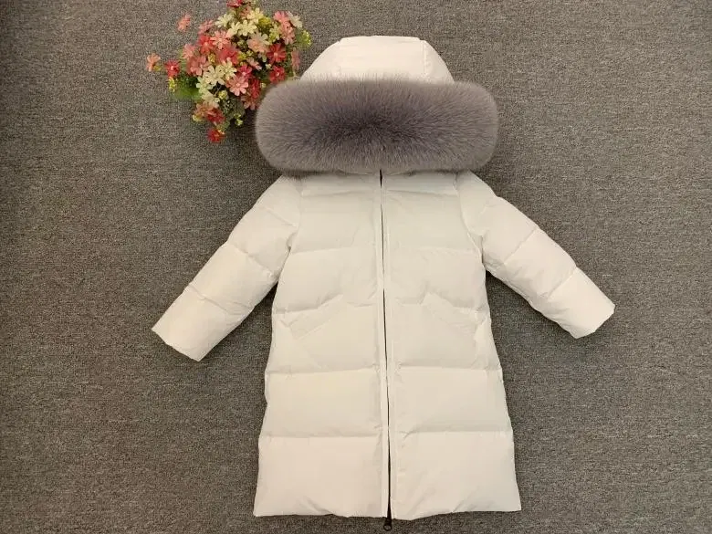 Color: Yellow, Kid Size: 6 - Children Girl boy Winter real fur thickened down jackets 90 down Long Coat jacket overcoat baby kids clothing -30 outwear ws1245
