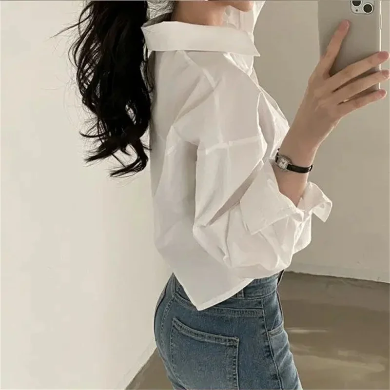 Color: Blue, Size: M - Spring New Casual Long Sleeve Women White Shirt Korea Style Solid Button Split Woman Crop Tops Blouse Party Clothing